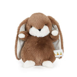 Plush brown bunny toy with white paws and face on a white background