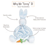 Blue bunny toy with features "why we lovey it" highlighted on a white background