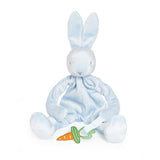 front view of Blue plush bunny pacifier holder toy with a carrot tag on a white background