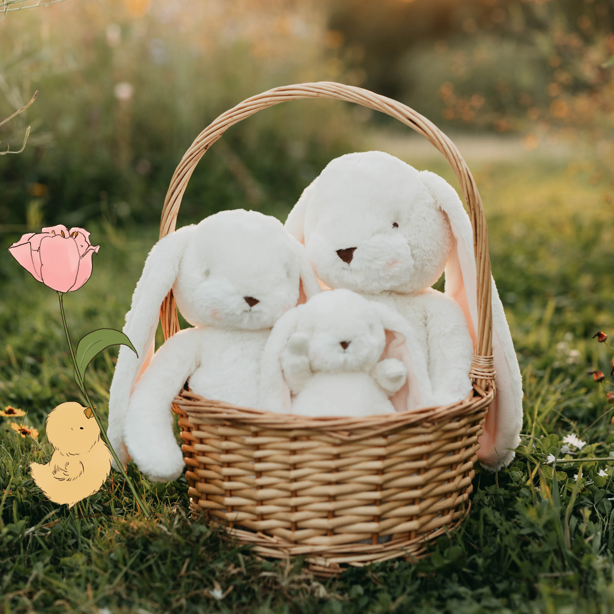 Wicker basket with white bunny plush toys on a grassy field with flower and chick illustration.