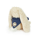 Plush bunny toy with a blue scarf and 'Camp Cricket' logo on a white background
