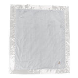 A gray security blanket sized 29x32 inches with satin binding and a label showing.