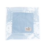 A blue security blanket sized 14x14 inches with a satin edge binding, with a white label showing the brand 'Bunnies By The Bay'.