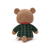 Stuffed teddy bear wearing a green plaid shirt on a white background