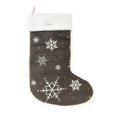 Back view Dark gray Christmas stocking with white snowflake patterns on a white background
