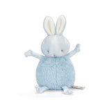 A small plush toy resembling a round blue bunny with a velour face, dangly arms and legs, and embroidered features.