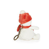 White plush toy with a red hat and keychain on a white background