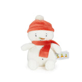 Plush snowman toy with a red scarf and hat on a white background