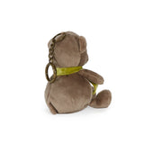 Brown teddy bear keychain with a gold key ring on a white background