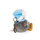 Plush keychain with a blue hat and gray body on a white background