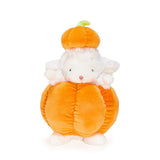 A plush toy featuring a white sheep nestled inside a large orange pumpkin costume with a matching orange pumpkin hat, set against a plain white background.