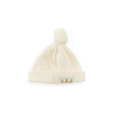 Cream-colored knit hat with a pom-pom on a white background