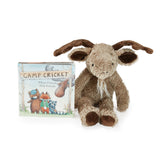 Stuffed animal toy with a book titled 'Camp Cricket' on a white background