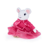 A white plush mouse toy wearing a bright pink dress with a satin bow and tulle skirt, photographed on a clean white background.
