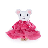 A white plush mouse toy wearing a bright pink dress with a ruffled tulle skirt and matching pink bow, posed against a plain white background.
