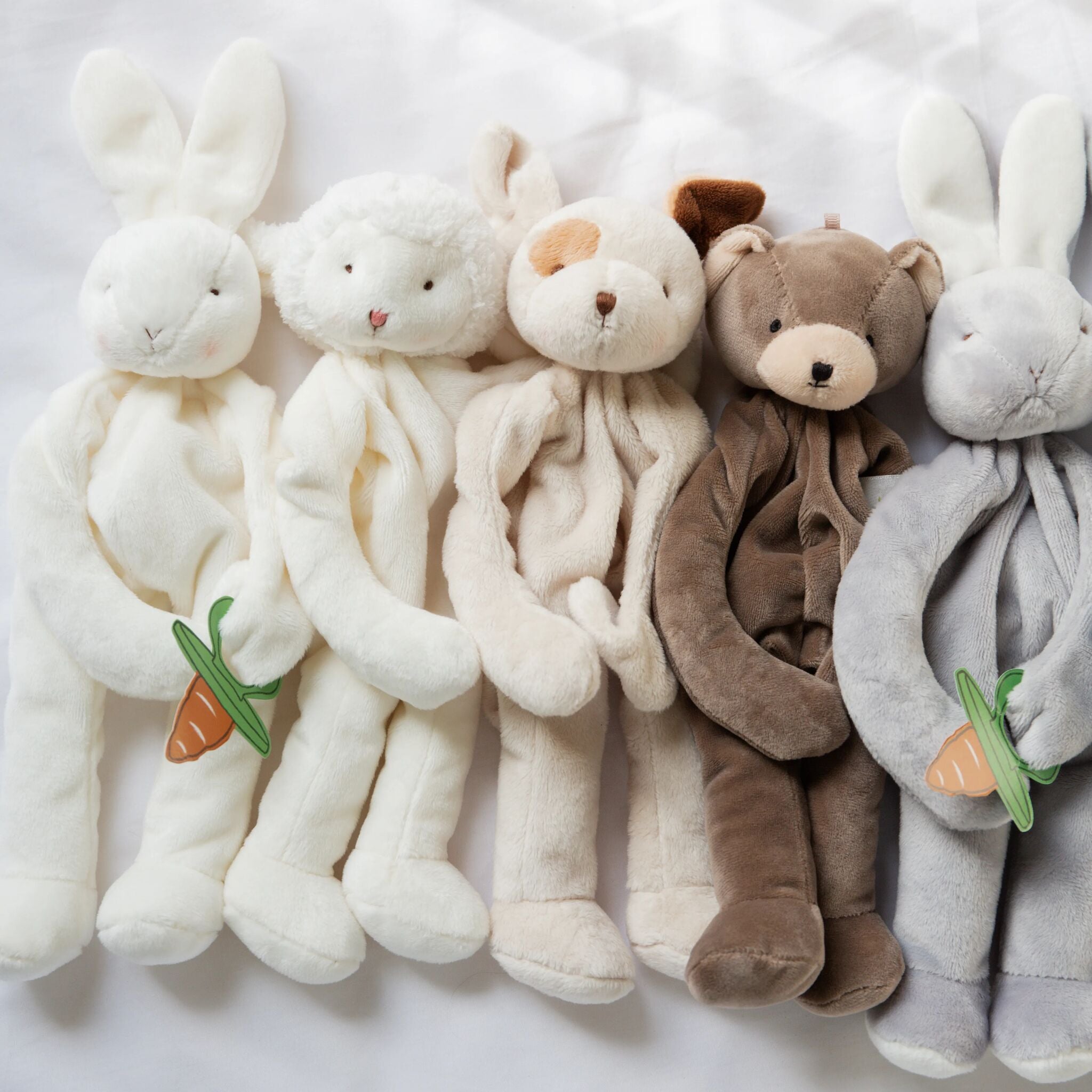 Lifestyle image of Group of animal themed silly buddy pacifier holders on a light gray background