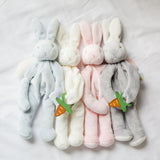 Lifestyle of Four bunny pacifier holders on a gray background
