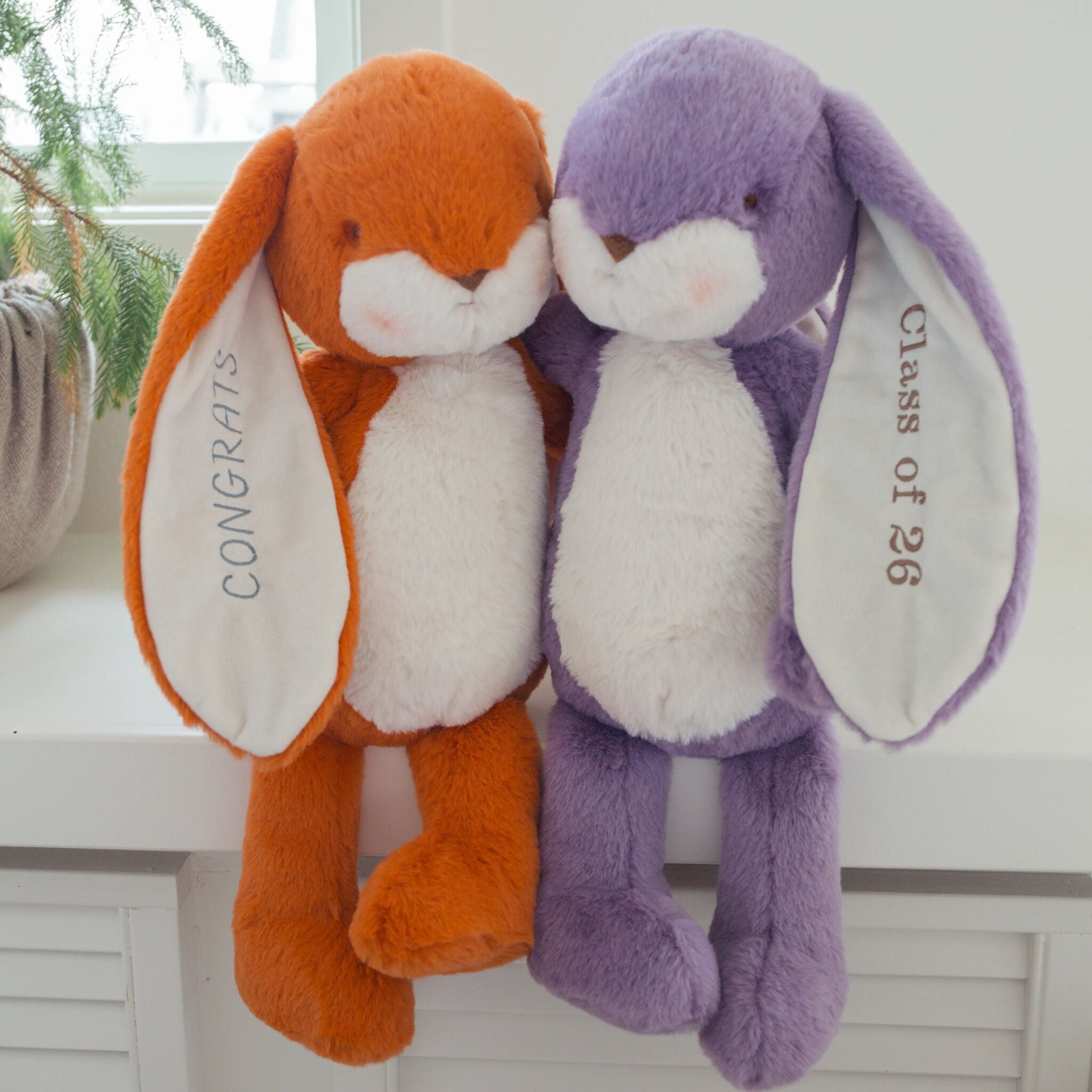 Two plush bunny toys, one orange and one purple, with 'Congrats' and 'Class of 26' text on their ears, against a white background.