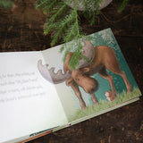 Interior of a board book, showing illustrations of a moose and hedgehog with text.