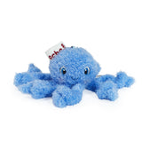 Blue plush octopus toy with a white label on a white background