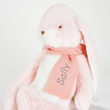 Plush toy with a pink scarf and 'Sally' embroidered on a scarf, on a light background