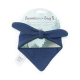 Navy blue bandana scarf tied on a branded card, displayed against a white background.