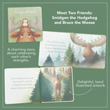 An image showing the cover and two interior spreads of a children's book featuring a moose and a hedgehog.