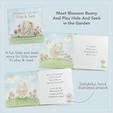 An image featuring the cover and two spreads of a children's book, featuring hand drawn illustrations of bunnies, bugs and a bird in a garden.