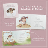 An image featuring the cover and two interior spreads of a children's book, showing hand illustrated drawings of a little girl with animal companions.