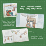 Illustrated book with forest animal characters on a green background