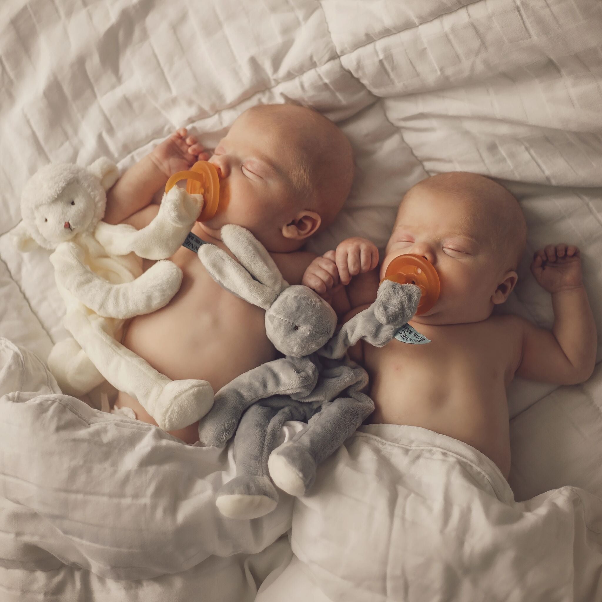 Two babies holding hands, using silly buddy pacifier holders, Kiddo the lamb and Bloom Bunny