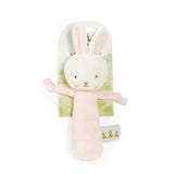 Pink bunny chime rattle on a pastel color header card.