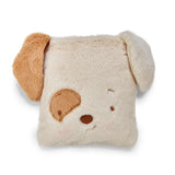 Plush dog pillow with embroidered features.