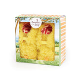 Colorful box containing yellow chick themed baby booties with an elastic closure and red and cream striped lining.