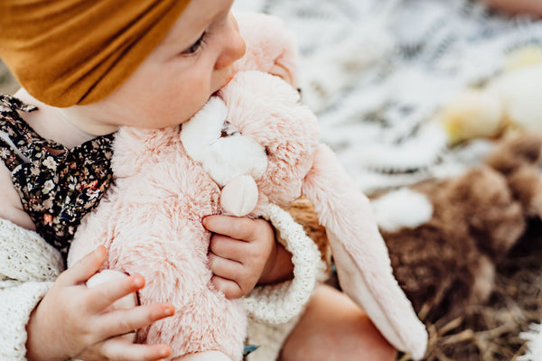 Little girl holding a stuffed animal toy - bunny