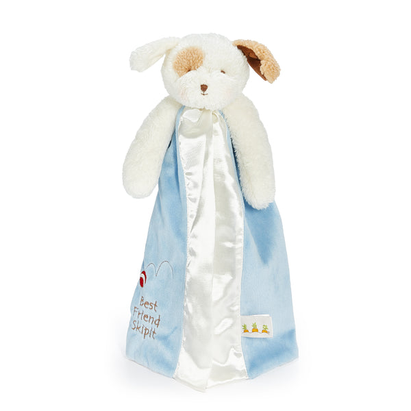 Plush dog toy with a blue blanket featuring text on a white background