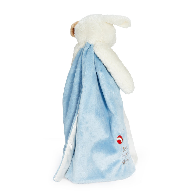 back view Plush Puppy with attached blue and white blanket on a white background