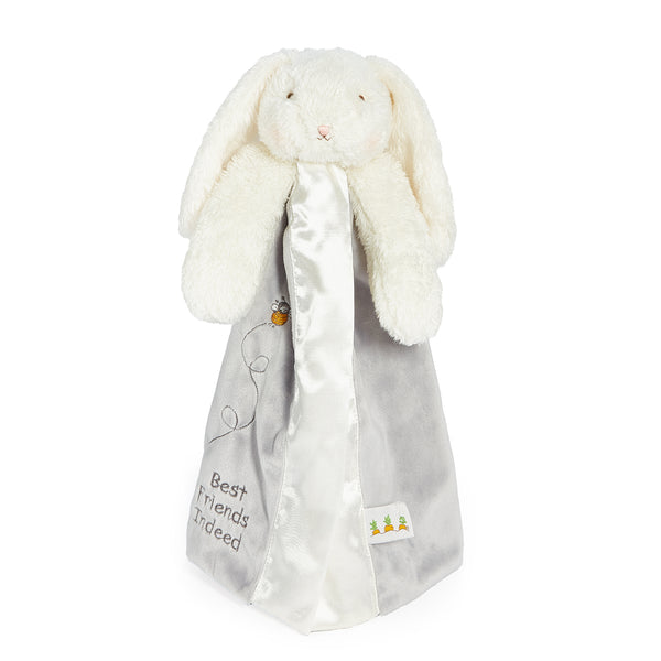 White plush bunny with a gray blanket featuring text on a white background