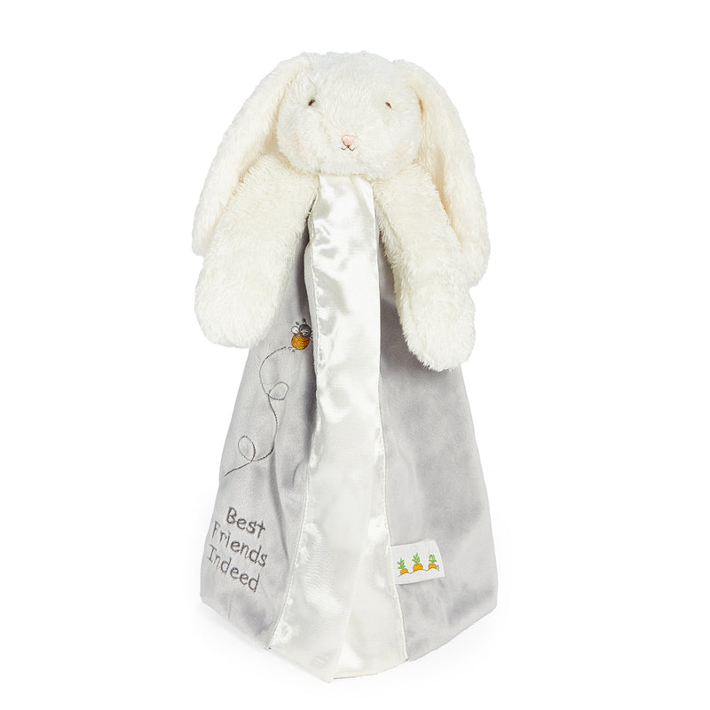 White plush bunny with a gray blanket featuring text on a white background