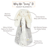 Buddy Blanket with bunny design and text highlighting features on a white background