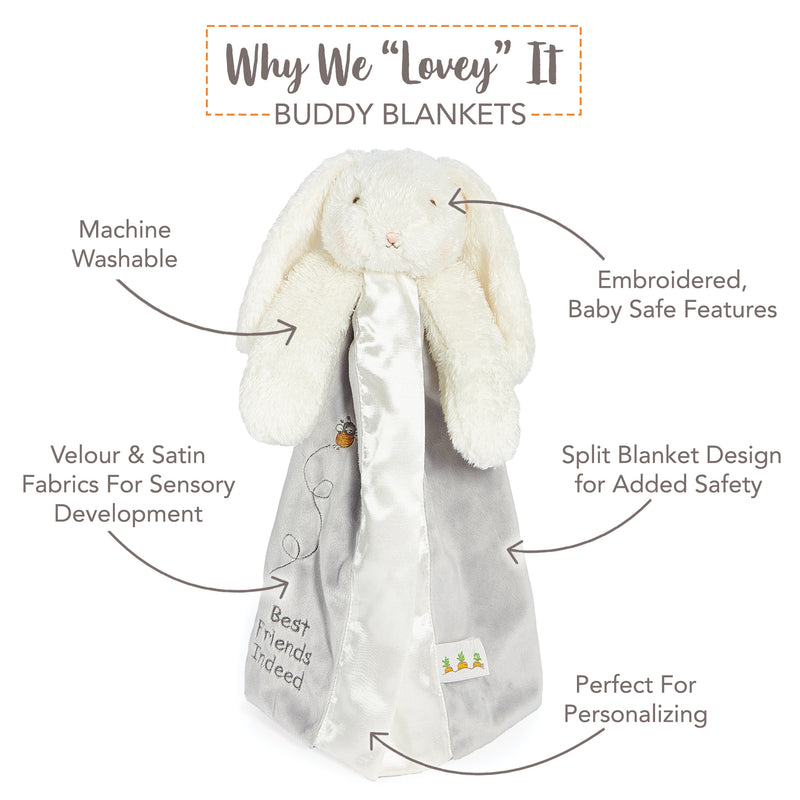 Buddy Blanket with bunny design and text highlighting features on a white background
