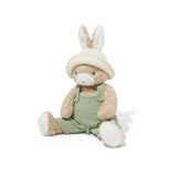 Stuffed toy rabbit wearing a hat and green overalls on a white background