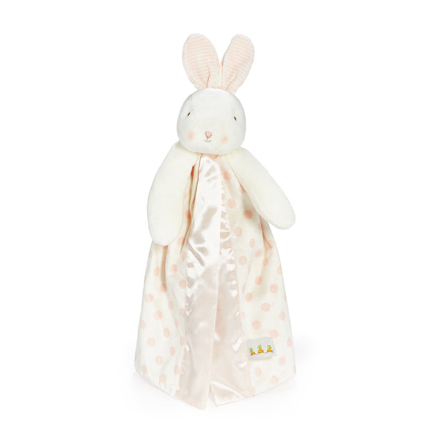 White plush bunny toy with a blanket on a white background