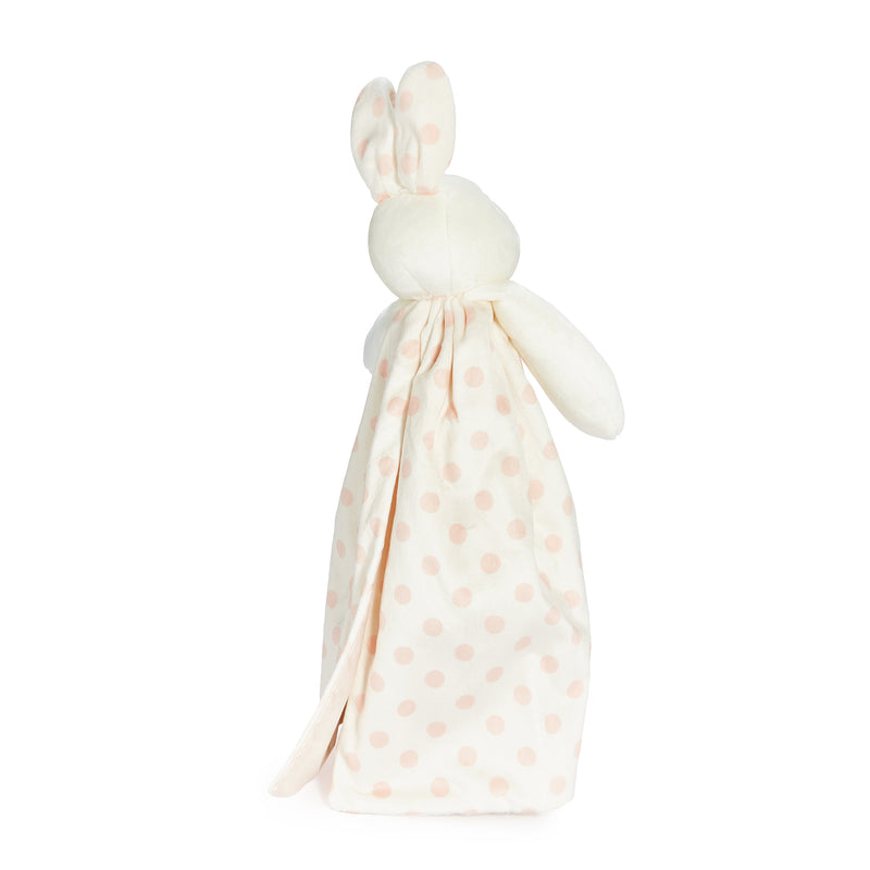 back view White bunny plush toy with a pink polka dot blanket on a white background