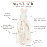 Buddy Blanket with bunny design and text highlighting features "why we lovey it" on a white background