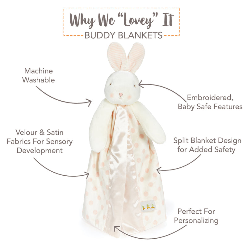 Buddy Blanket with bunny design and text highlighting features "why we lovey it" on a white background