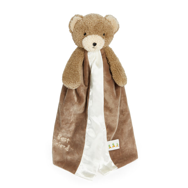 Teddy bear with a brown and white blanket labeled 'Best Friend' on a white background