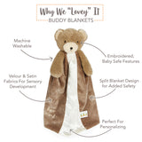 Buddy blanket with teddy bear design and features listed on a white background