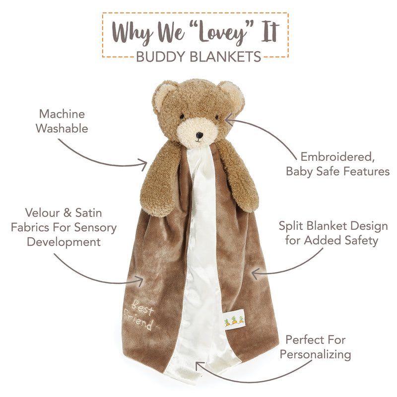 Buddy blanket with teddy bear design and features listed on a white background