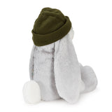 A plush bunny toy shown from the back, wearing an olive green knit beanie, on a clean white background.